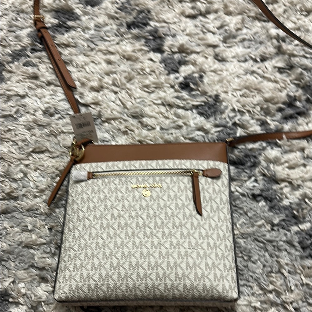 Michael Kors Cream and Brown Crossbody Bag with Monogram Pattern